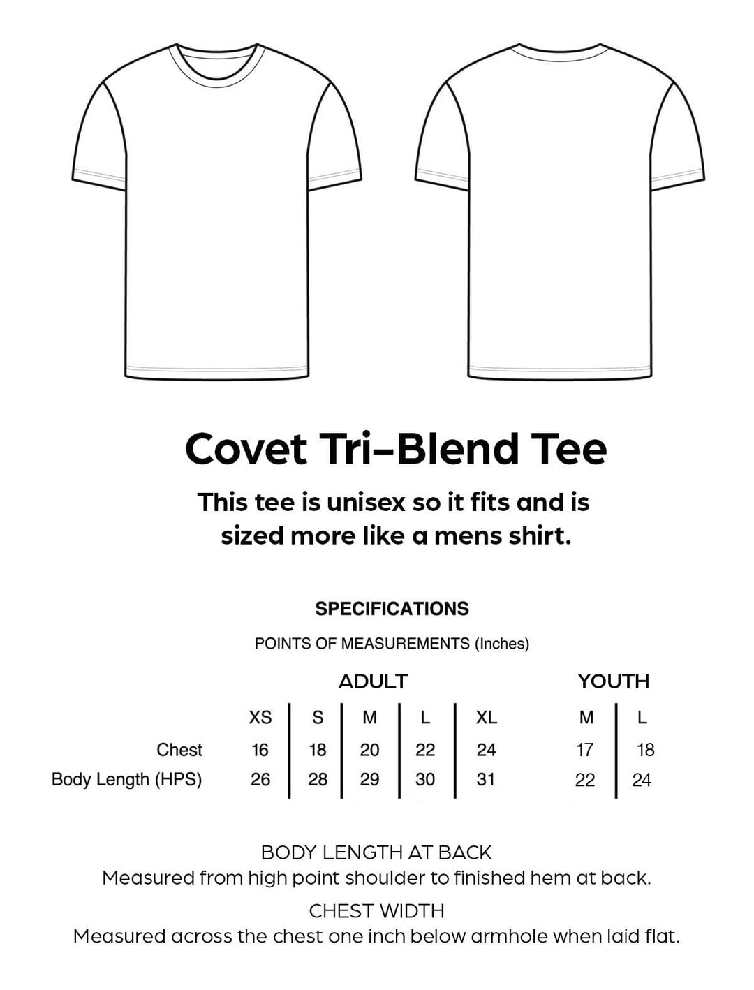 Covet Tri-Blend Tee specifications with front and back views on a white background