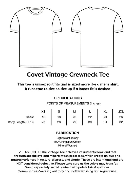 Covet Vintage Crewneck Tee specifications and measurements on a white background
