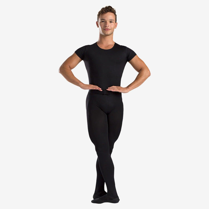 Man wearing a black leotard and tights on a white background