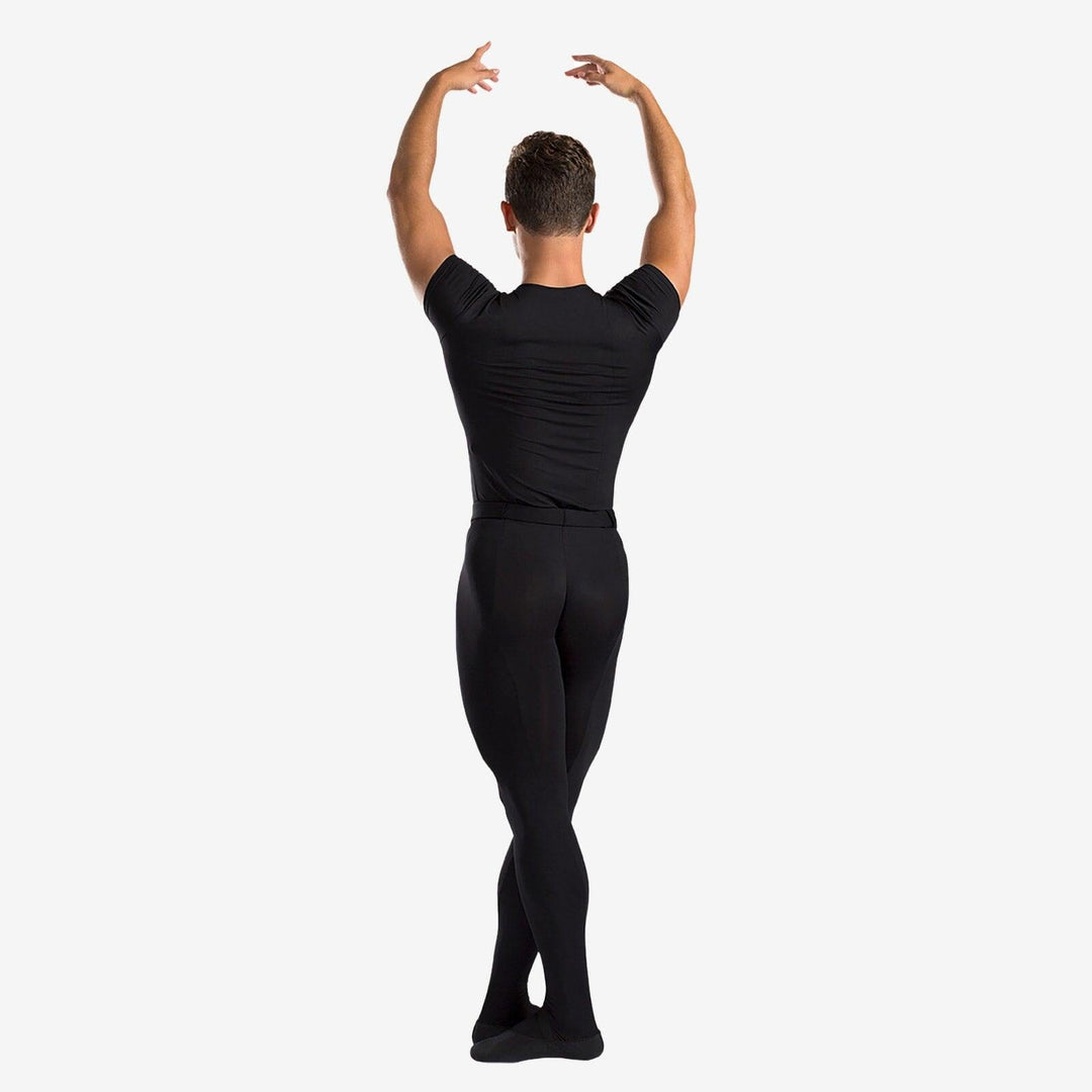Person wearing a black t-shirt and black pants on a white background