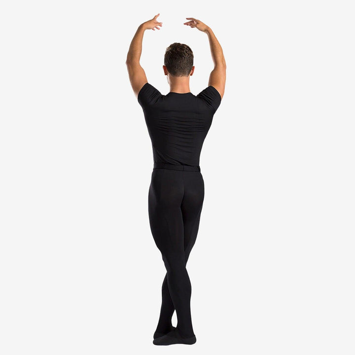 Person wearing a black t-shirt and black pants on a white background