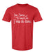 Red t-shirt with white text 'Dear Santa, It wasn't me. I was at dance.' on a white background
