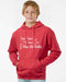 Child wearing a red hoodie with text on a white background