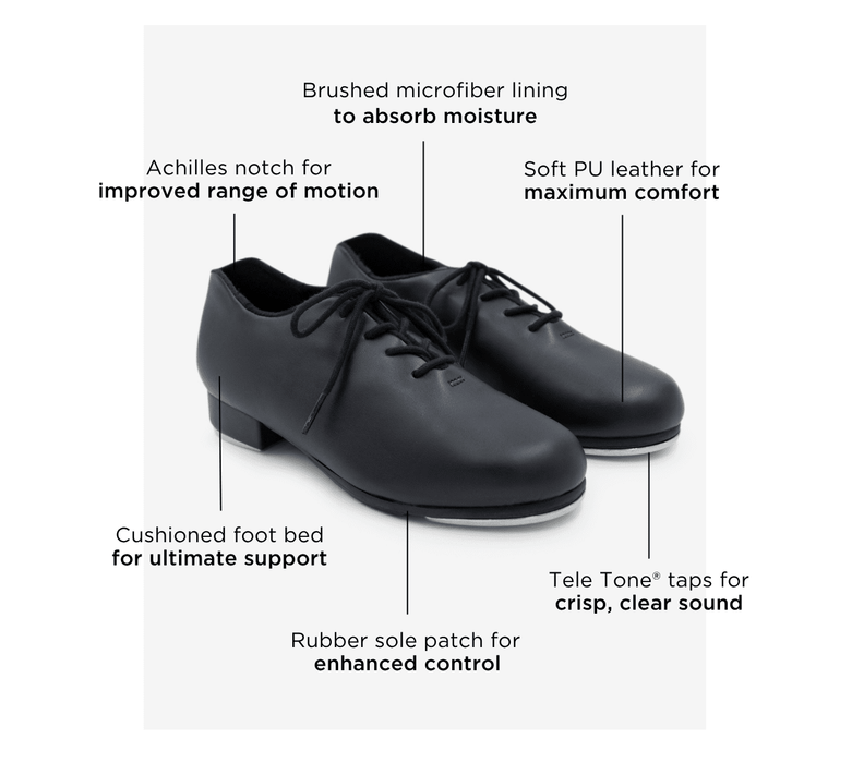 Black tap shoes with labeled features on a white background
