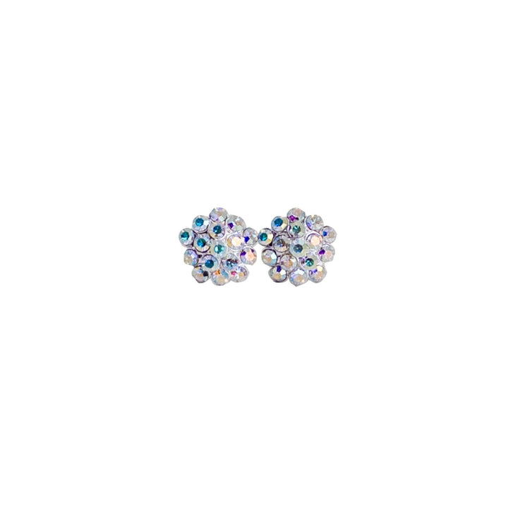 Pair of floral stud earrings with multicolored gemstones on a white background
