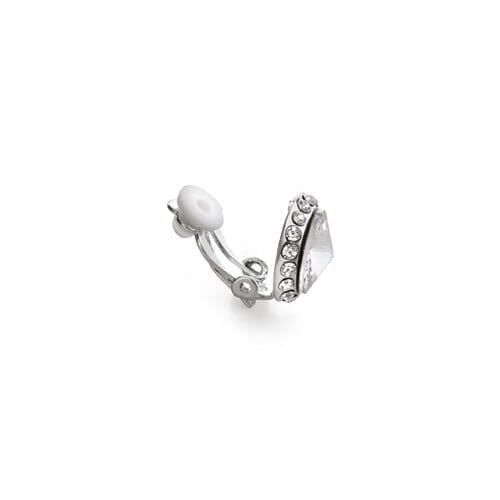 Silver earring with a white gemstone on a white background