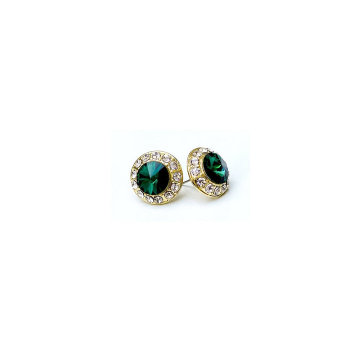 Pair of green gemstone earrings with gold accents on a white background