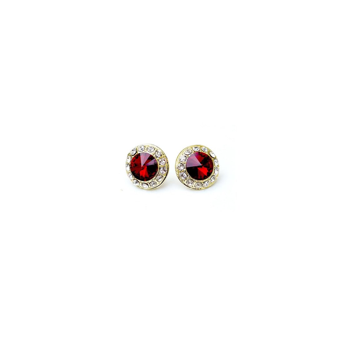 Pair of earrings with red gemstones on a white background