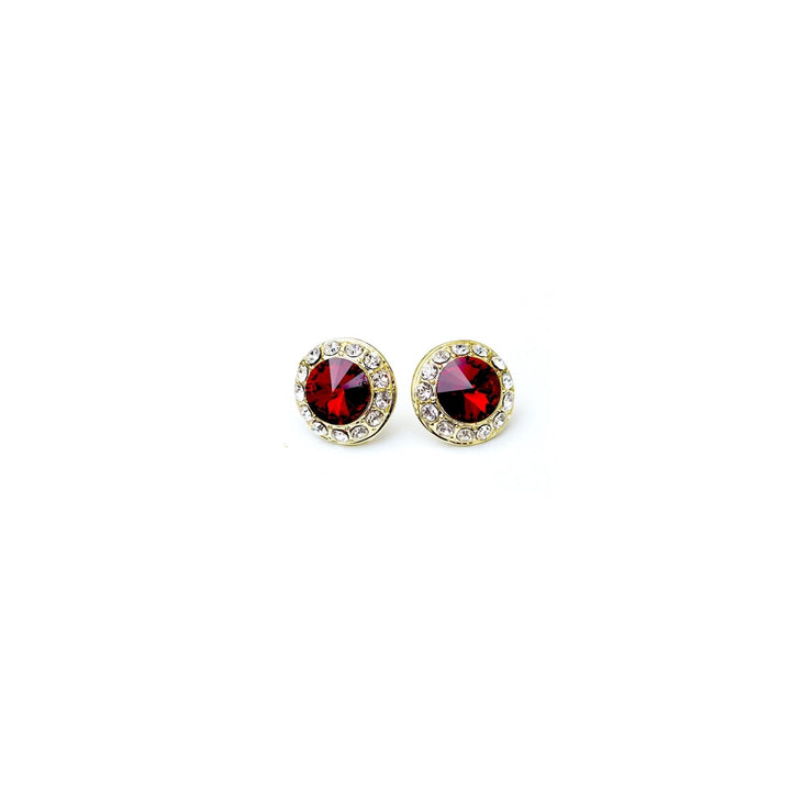 Pair of earrings with red gemstones on a white background
