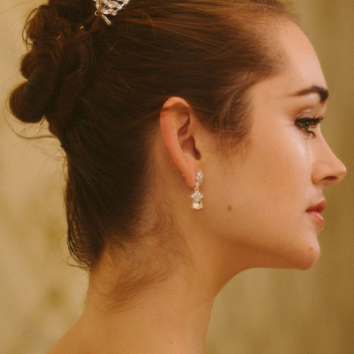 Close-up of a woman's profile with an elegant updo and earrings against a blurred background
