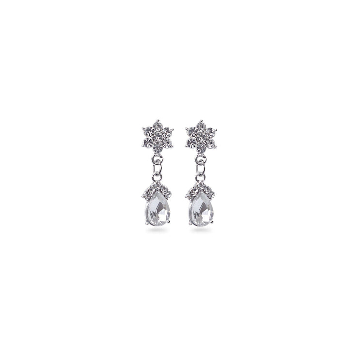 Pair of silver earrings with clear gemstones on a white background
