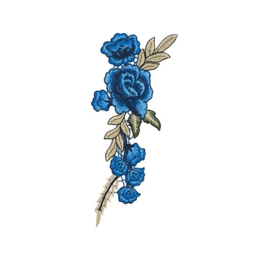 Embroidered patch with blue roses and green leaves on a white background