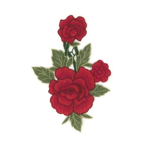 Embroidered patch of red roses with green leaves on a white background