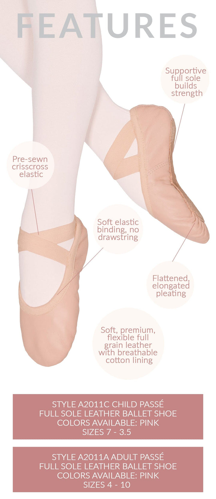 Eurotard A2011C Drawstring Free Child Passé Full Sole Leather Ballet Shoe 2