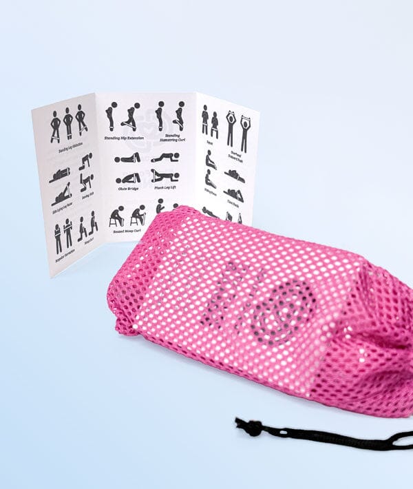 Pink mesh bag with drawstring and instructional sheet on a light blue background