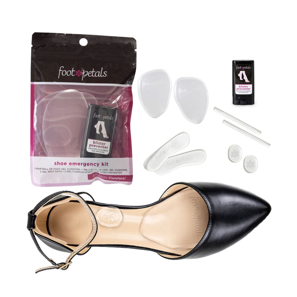 Foot petal shoe emergency kit with black high-heeled shoe, blister prevention pads, and other items on a white background.