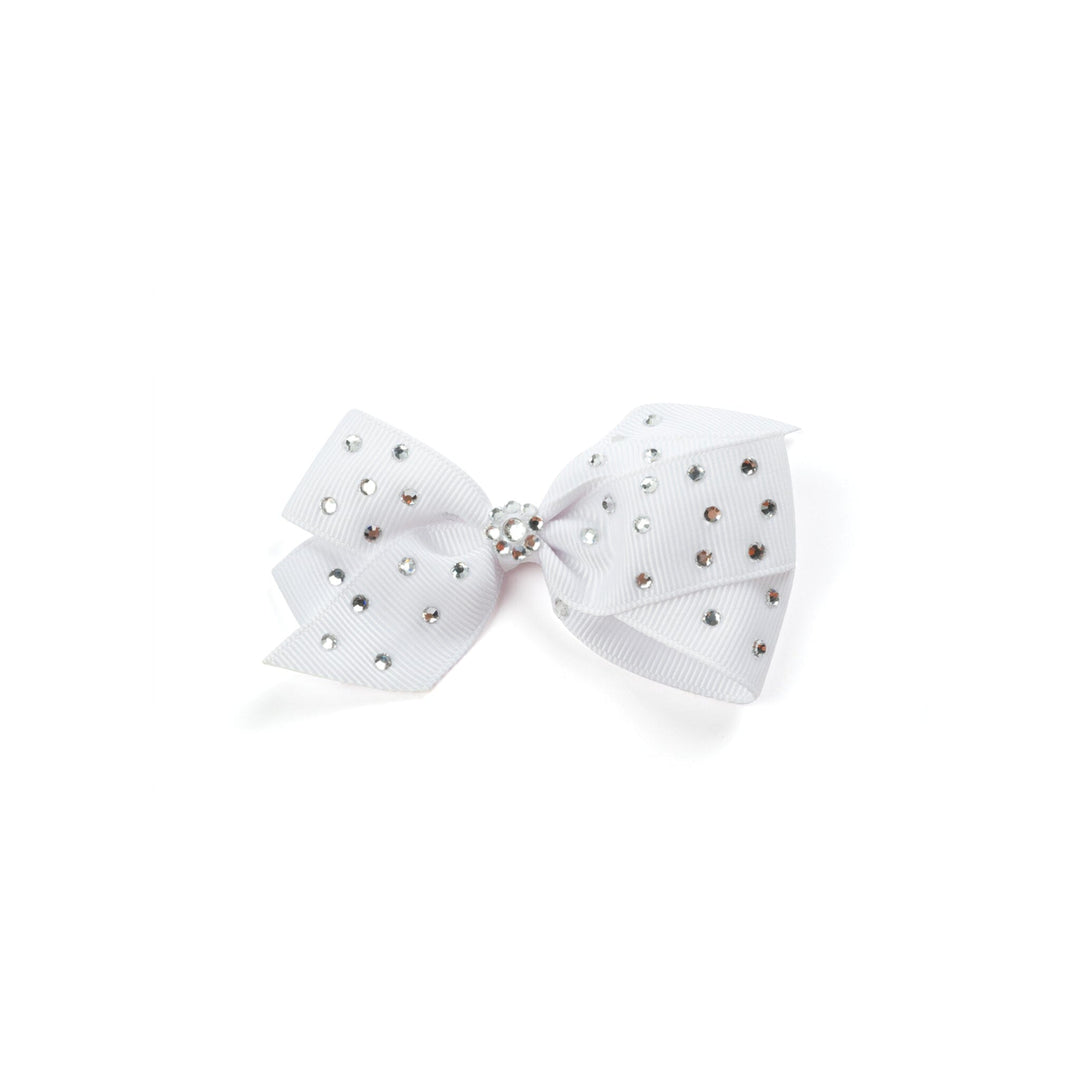 White bow with rhinestone embellishments on a white background