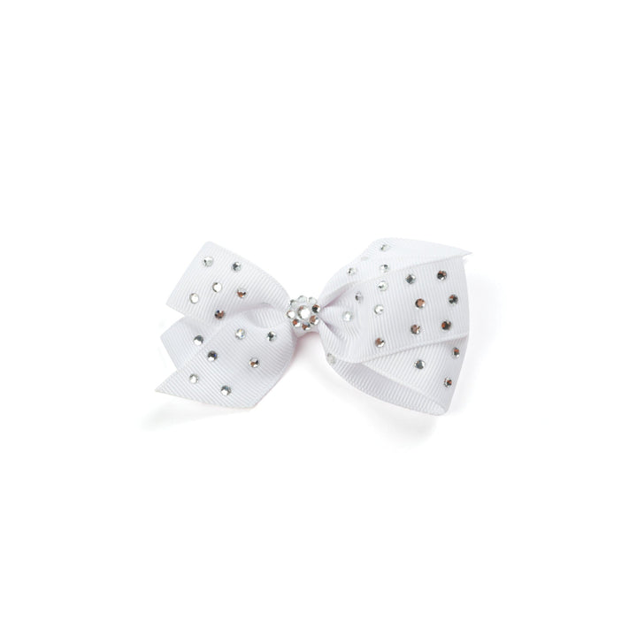 White bow with rhinestone embellishments on a white background