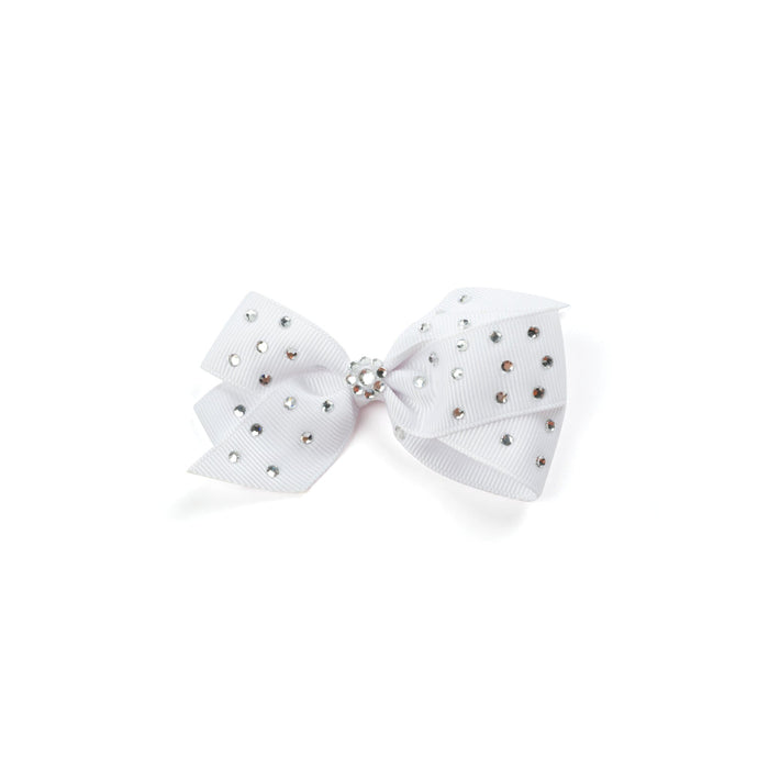 White bow with rhinestone embellishments on a white background