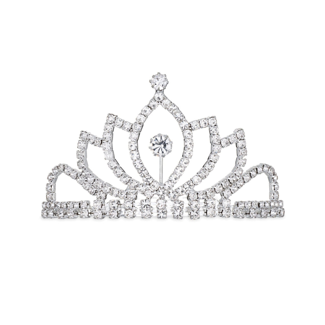Silver tiara with clear gemstones on a white background