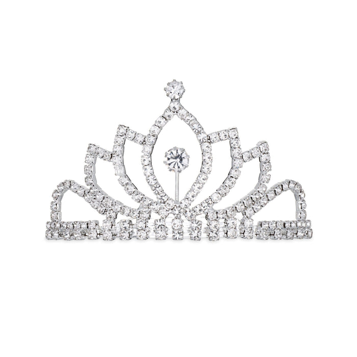 Silver tiara with clear gemstones on a white background