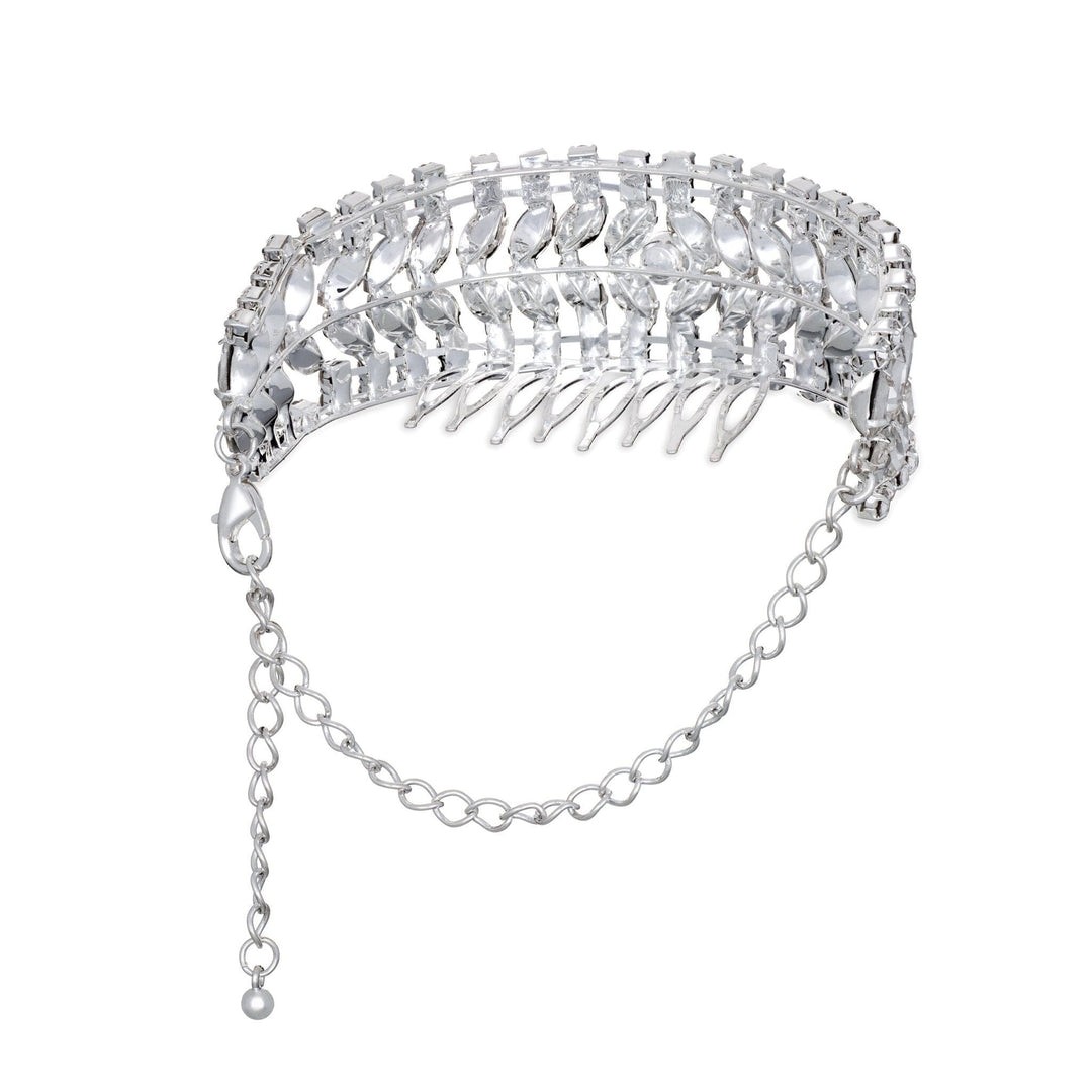 Silver tiara with clear stones on a white background