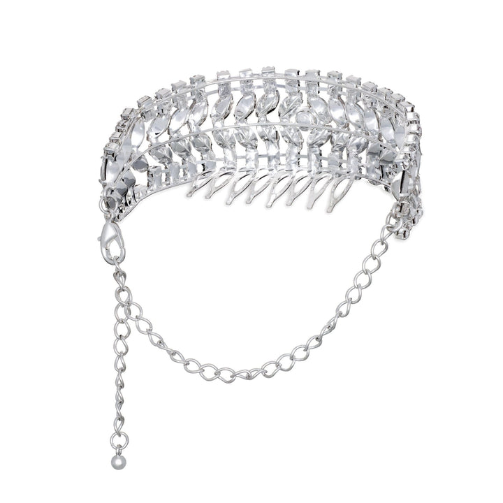 Silver tiara with clear stones on a white background