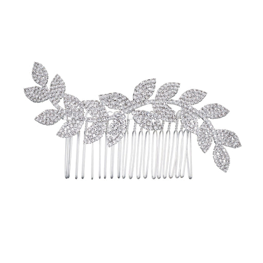 Silver hair comb with leaf-like designs on a white background