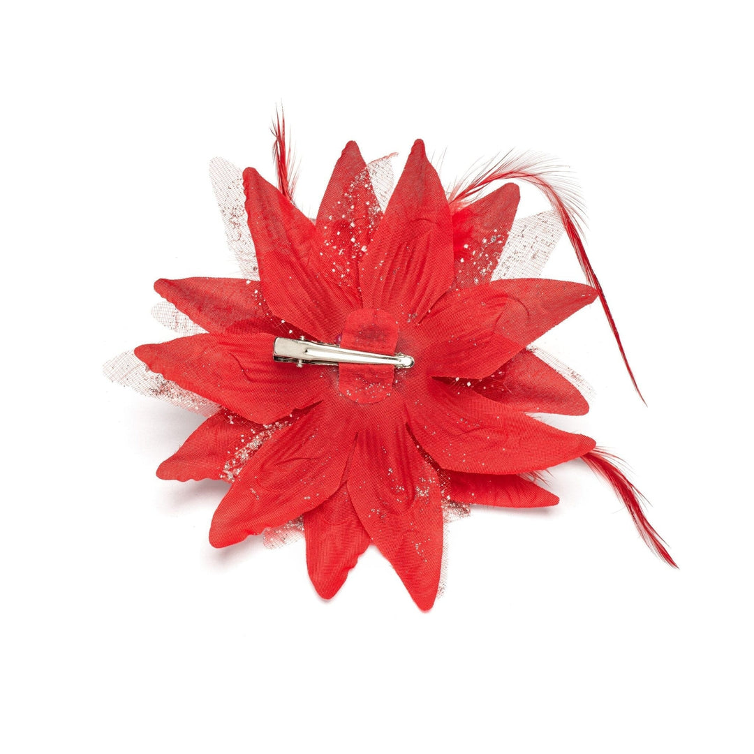 Red flower-shaped hair clip on a white background