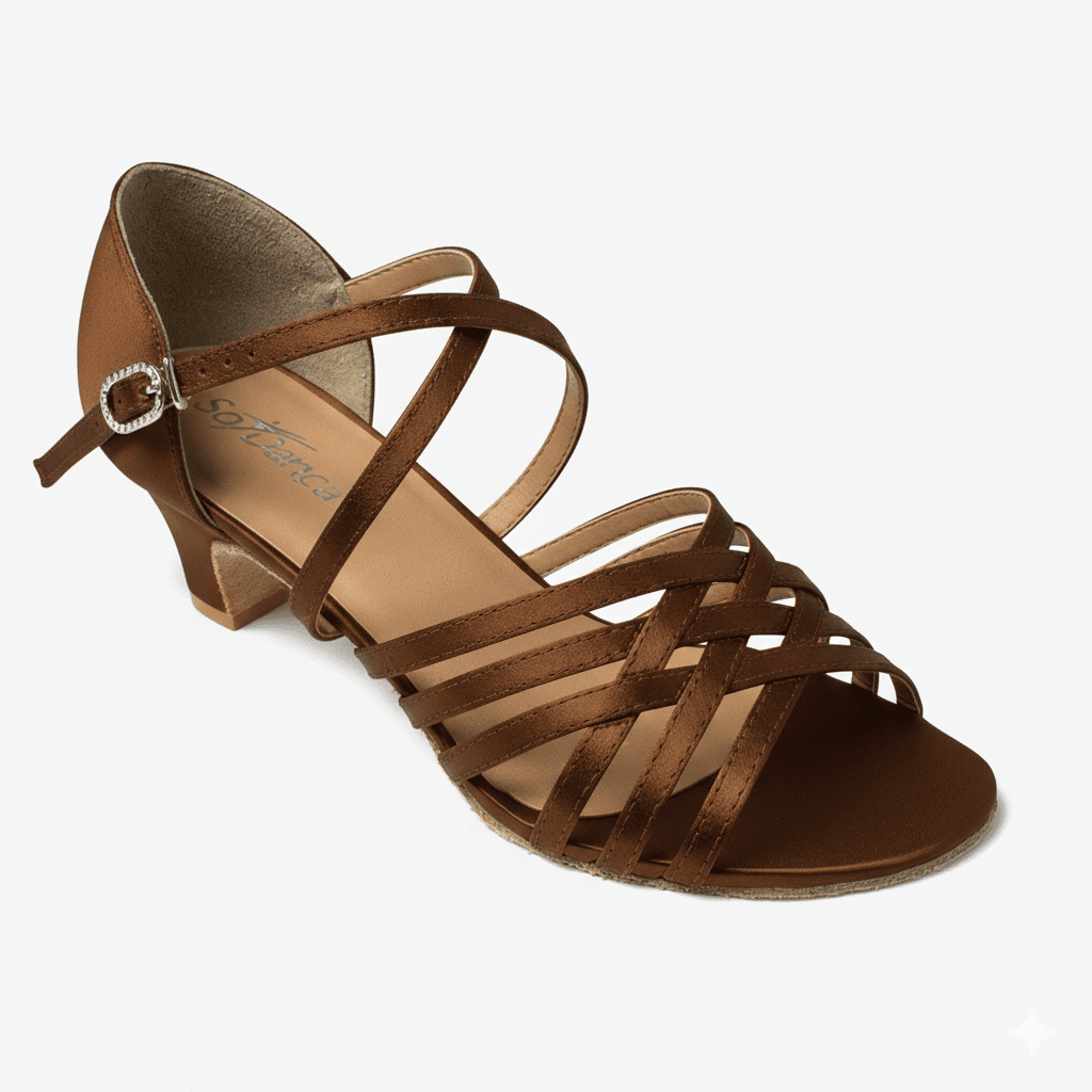 Brown strappy sandal with a high heel on a white background