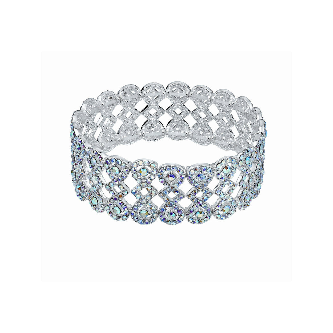 Silver bracelet with clear gemstones on a white background