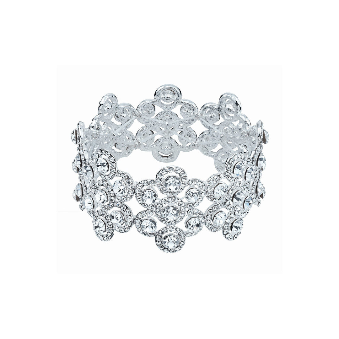 Silver bracelet with clear gemstones on a white background