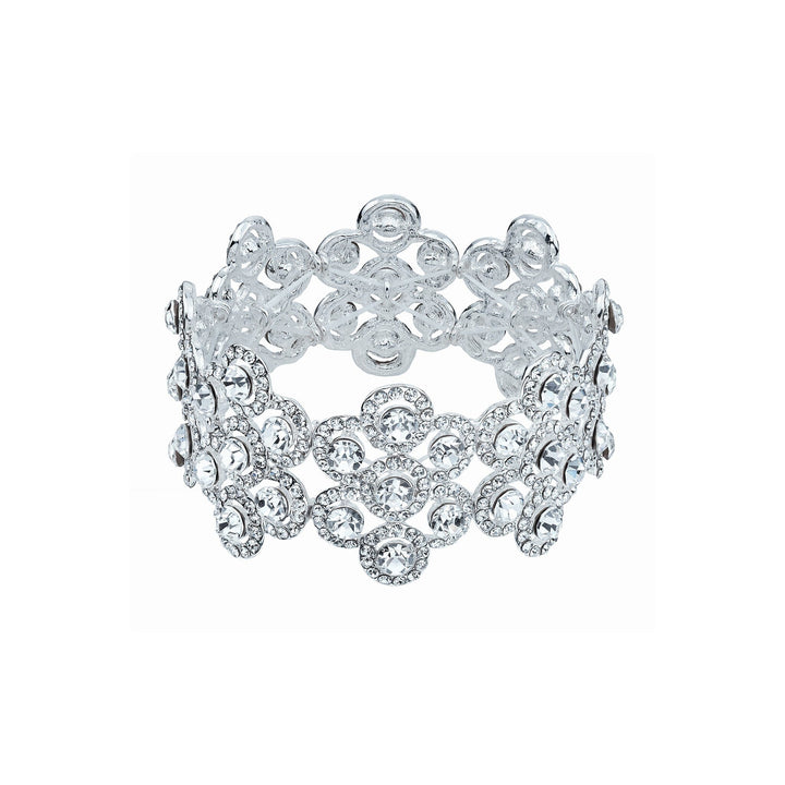 Silver bracelet with clear gemstones on a white background