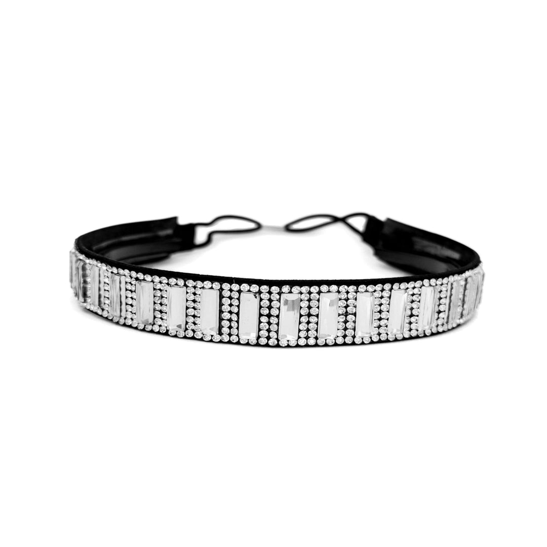 Black choker with crystal embellishments on a white background