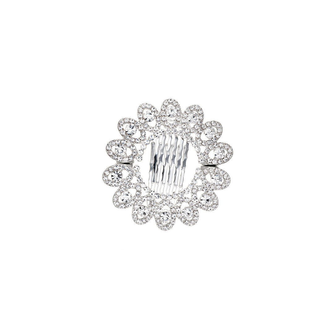 Silver hair clip with clear crystals on a white background