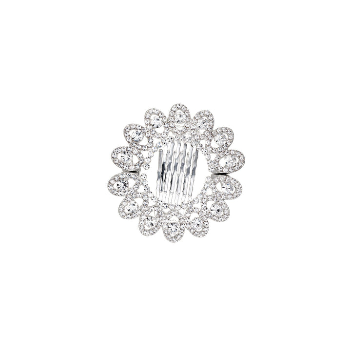 Silver hair clip with clear crystals on a white background