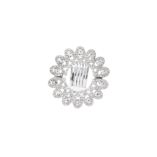 Silver hair clip with clear crystals on a white background