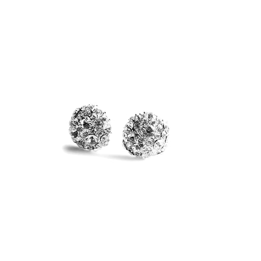 Pair of silver stud earrings with clear gemstones on a white background