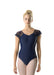Navy blue leotard with floral lace cap sleeves worn by a model on a white background