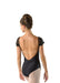 Black dance leotard with open back worn by a dancer on a white background