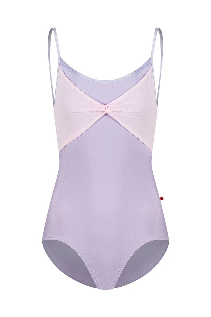 A lavender and light pink color-blocked one-piece swimsuit with thin shoulder straps and a small bow detail at the bust, shown against a plain white background.