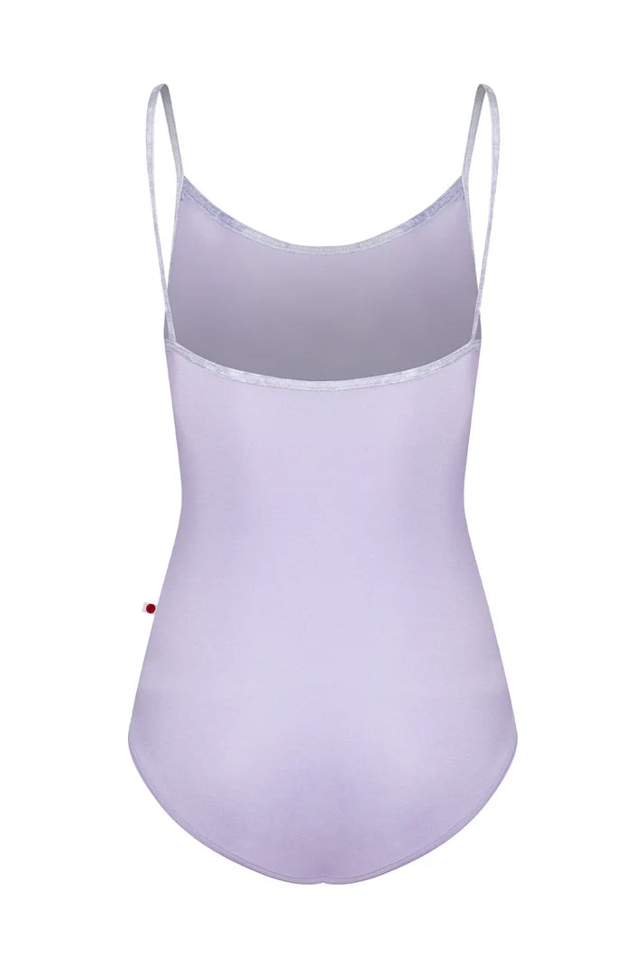 A light lavender purple one-piece swimsuit with thin shoulder straps, shown from the back against a plain white background.