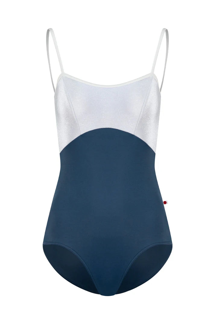 A color-blocked one-piece leotard with a white upper bodice and a navy blue lower bodice, featuring thin shoulder straps and a small red tag on the side, shown against a plain white background.
