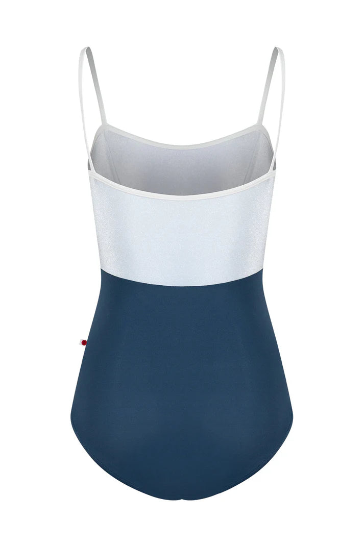 A colorblock one-piece leotard with a white upper section and a navy blue lower section, featuring thin shoulder straps, shown against a plain white background.