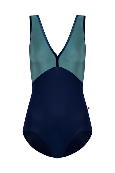 A colorblock one-piece leotard with a dark navy blue body and a teal green upper yoke, shown against a plain white background.