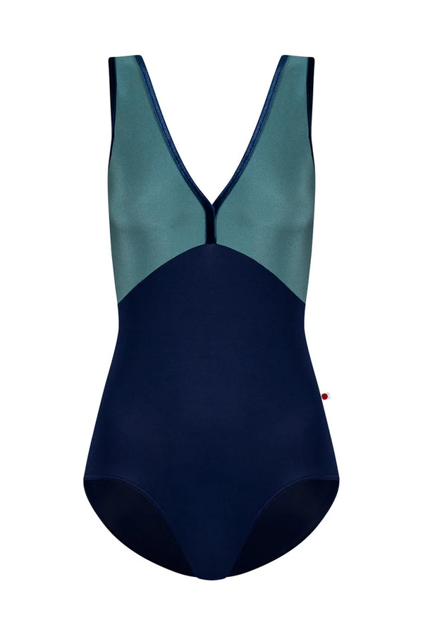 A colorblock one-piece leotard with a dark navy blue body and a teal green upper yoke, shown against a plain white background.