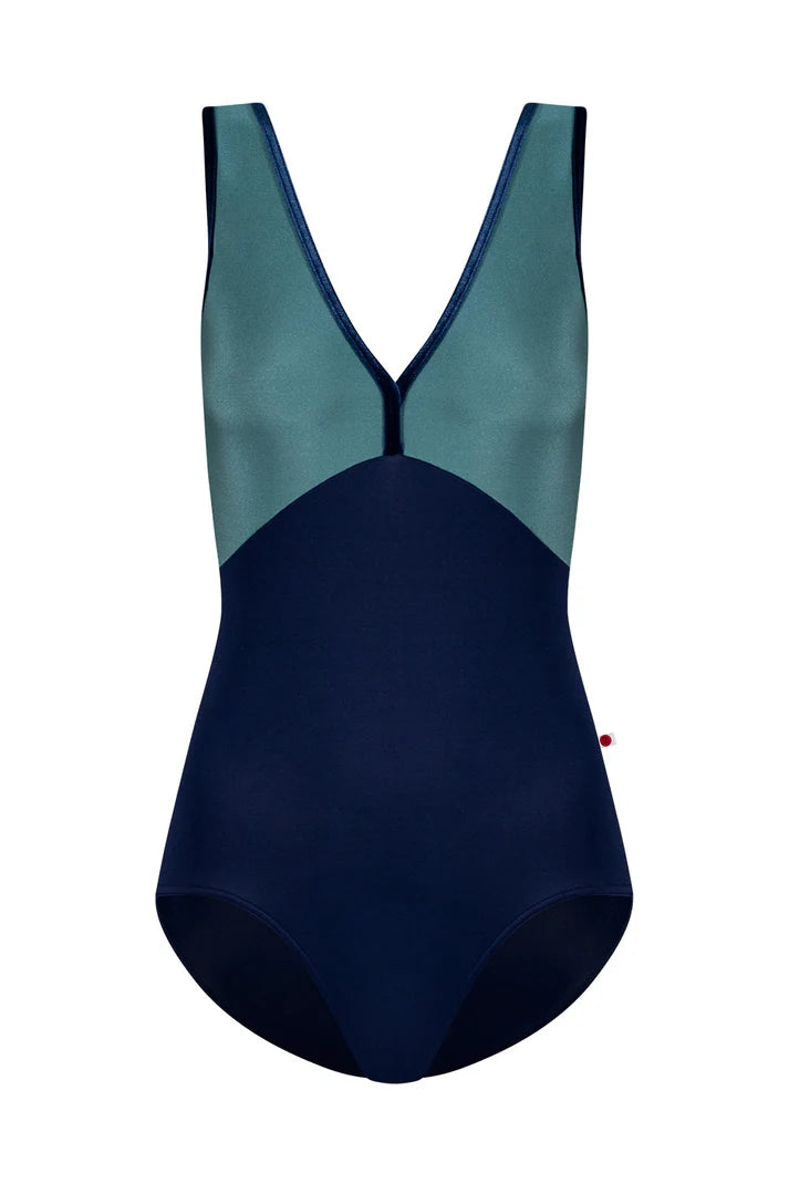 A colorblock one-piece leotard with a dark navy blue body and a teal green upper yoke, shown against a plain white background.