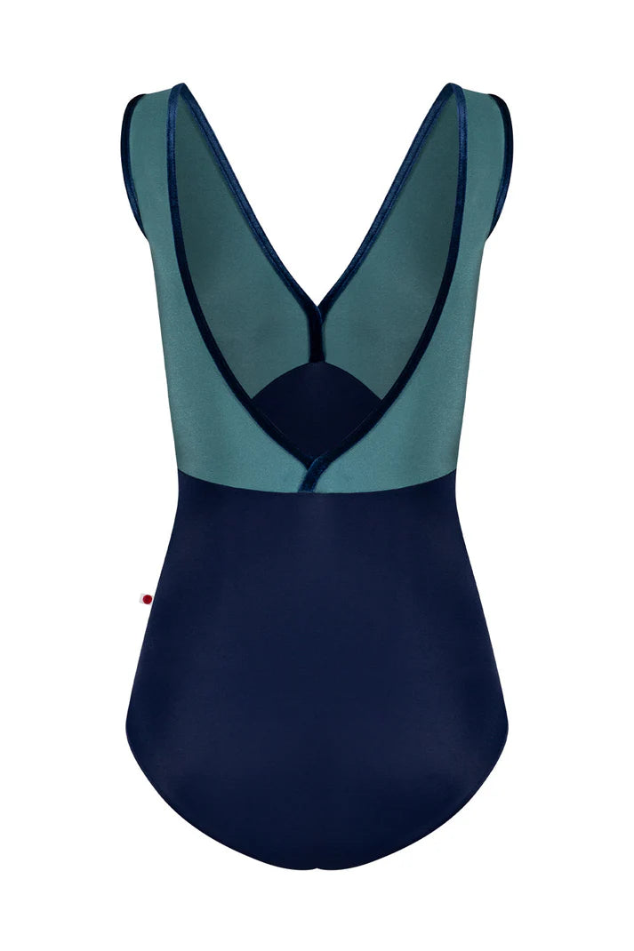 A sleeveless one-piece leotard shown from the back, featuring a dark navy blue lower body and a teal upper back and shoulder panels with dark navy piping.