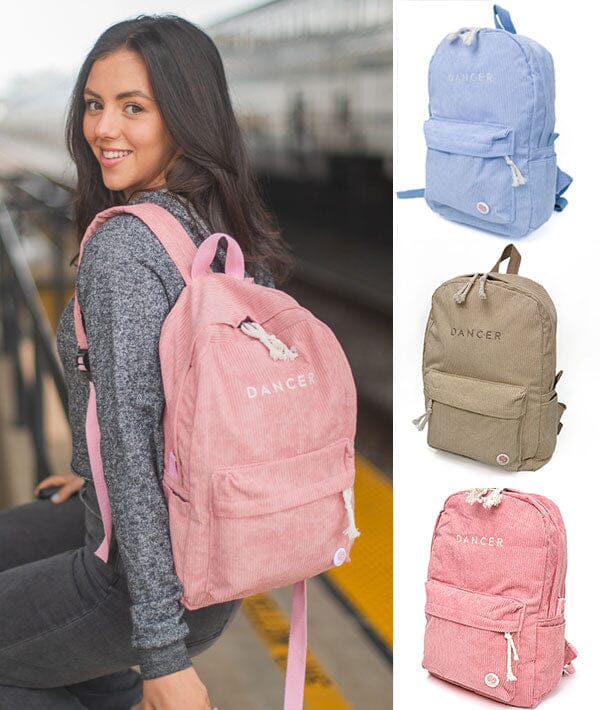 Woman wearing a pink backpack with 'Dancer' branding, alongside images of other backpacks in different colors.