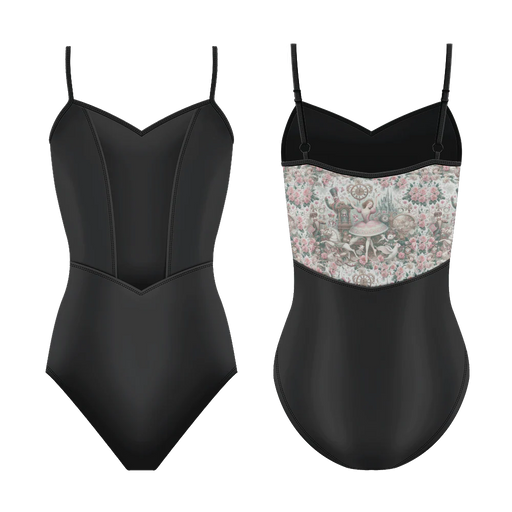 Black swimsuit with floral patterned underwire on a white background